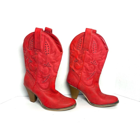 Very Volatile Red Cowboy Boots Studded Distressed Western Inlay Coastal Cowgirl - Picture 3 of 12